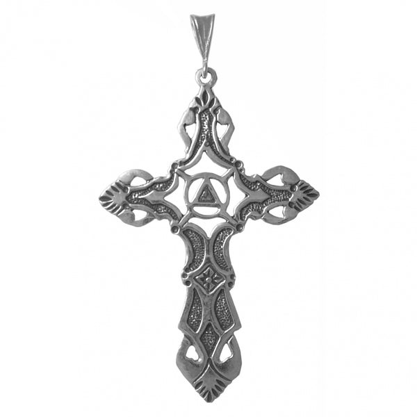 Sterling Silver Pendant, Alcoholics Anonymous AA Symbol with Solid Triangle Set in a Extra Large Open Cross