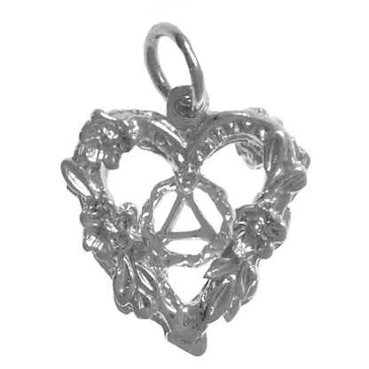 Sterling Silver AA Symbol Pendant in Open Heart with Flowers – Two-Sided Design