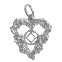 Sterling Silver Pendant, Narcotics Anonymous NA Symbol in the Center of a Open 2 Sided Heart with Flowers