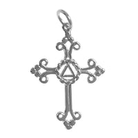 Sterling Silver Pendant, Alcoholics Anonymous AA Symbol Set in a Open Cross, Medium Size