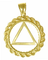 14k Gold Pendant, Alcoholics Anonymous AA Symbol in a Rope Style Circle, Medium Size