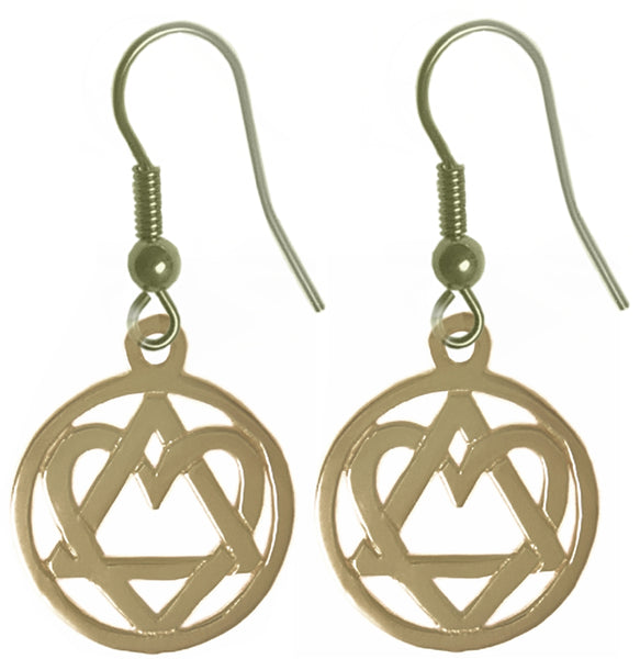 Brass, Alcoholics Anonymous AA Symbol Earrings with a Open Heart "Love & Service", Antiqued Finish