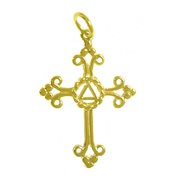 14k Gold Pendant, Alcoholics Anonymous AA Symbol Set in a Open Cross, Medium Size