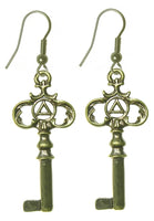 Brass Earrings, Two Sided Old Style Key with Small Alcoholics Anonymous AA Symbol, Antiqued Finish