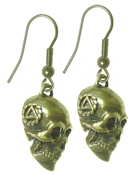 Brass Earrings, 3d Skull with Alcoholics Anonymous AA Symbol on Both Sides, Antiqued Finish