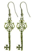 Brass Earrings, Alcoholics Anonymous AA Symbol inside Antique Style Key