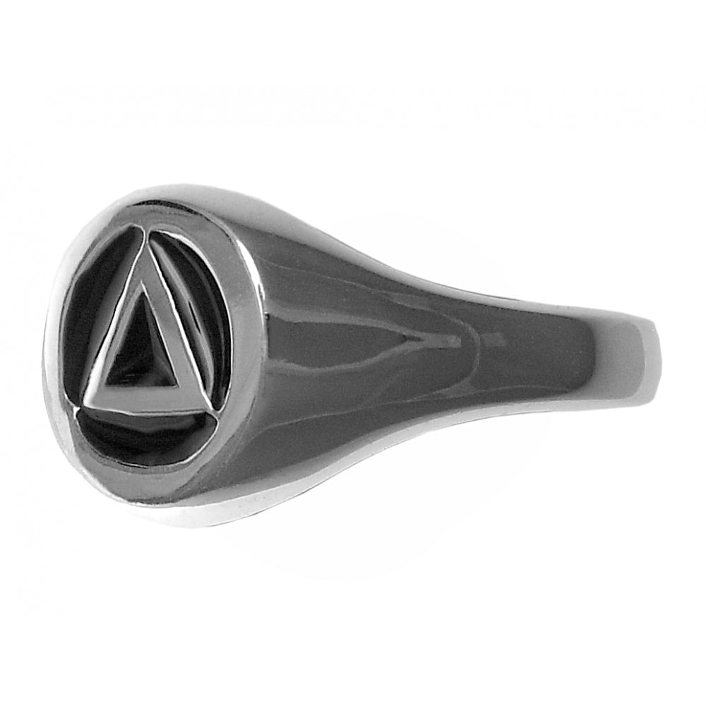 Sterling Silver Ring, Alcoholics Anonymous AA Symbol Circle Triangle Signet With Black Enamel Inlay