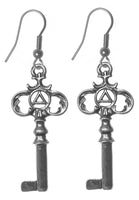 Sterling Silver Earrings, Two Sided Old Style Key with Small Alcoholics Anonymous AA Symbol