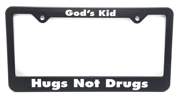 Recovery Related Plastic Auto License Plate Frame, #F8, "God's Kid, Hugs Not Drugs"