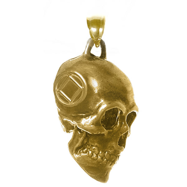 Brass, 3d Skull with Narcotics Anonymous NA Symbol in a Small Smooth Wire Circle on Both Sides, Antiqued Finish