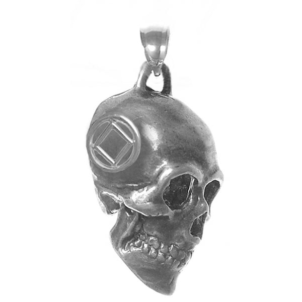 Sterling Silver Pendant, 3d Skull with Narcotics Anonymous NA Symbol in a Small Smooth Wire Circle on Both Sides