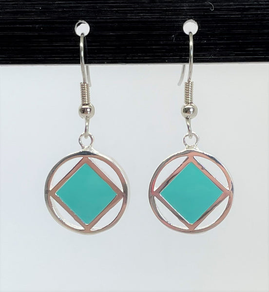 Sterling Silver Earrings, Narcotics Anonymous Symbol Square with Turquoise Enamel Inlay